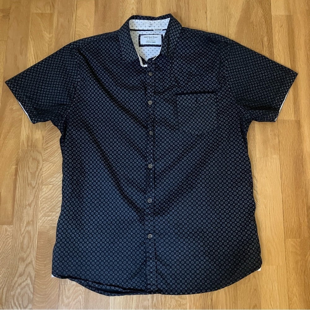 Paperdenim & Cloth Slim Fit Shirt Black White Geometric Short Sleeve Stretch
